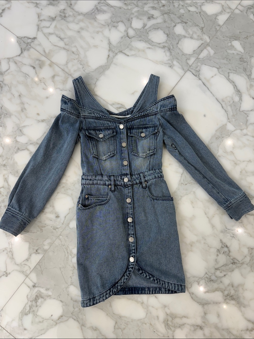 Isabel Marant Off-Shoulder Button-Front Denim Dress - Blue